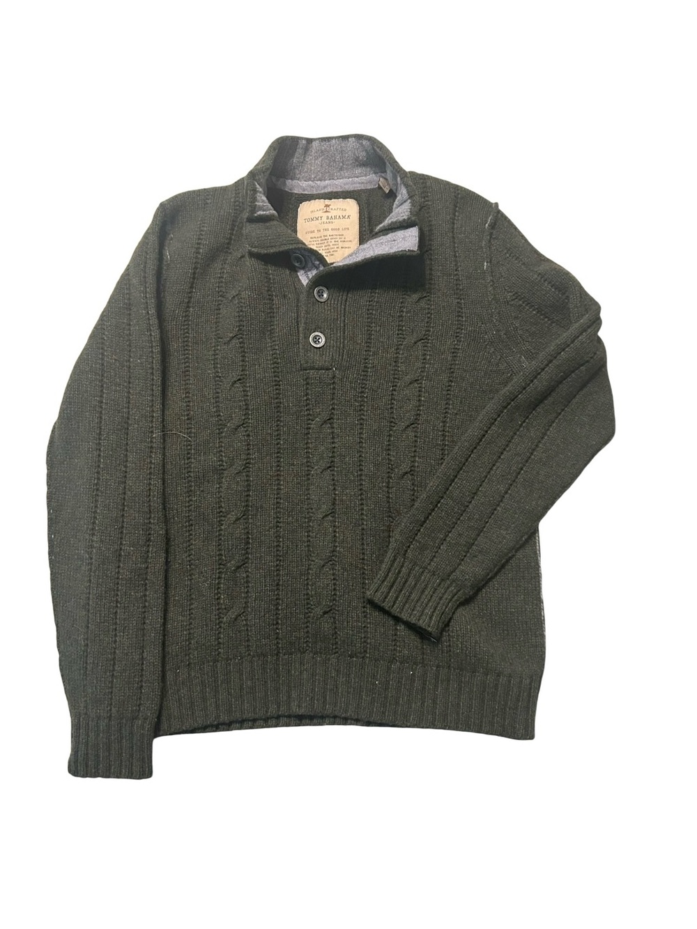 Tommy Bahama Olive Cable-Knit Button Half-Placket Sweater
